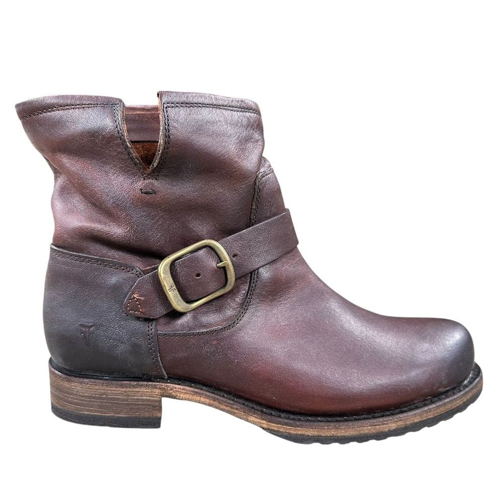 Frye Distressed Brown Leather Harness Booties with Brass Buckle